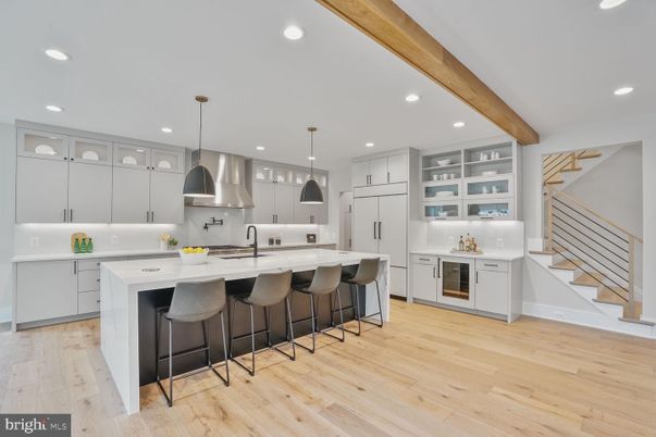 Interior, Kitchen, Pendant Lights, Recessed Lighting, Stainless Steel Appliances, Wooden Beams, Wood Texture Flooring