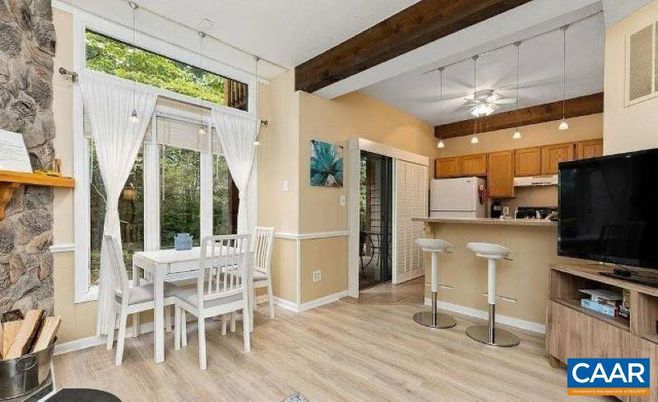 Dining room, Interior, Kitchen, Recessed Lighting, Wooden Beams, Wood Texture Flooring