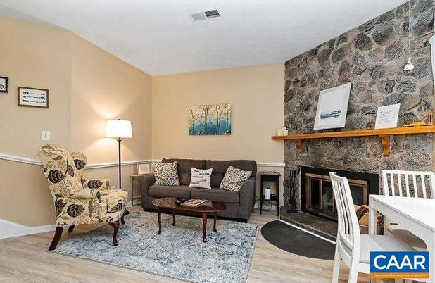 Fireplace, Interior, Living room, Stone Walls, Wood Texture Flooring