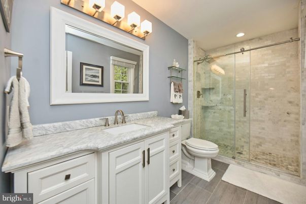 Bathroom, Glass Shower, Interior, Recessed Lighting, Wood Texture Flooring