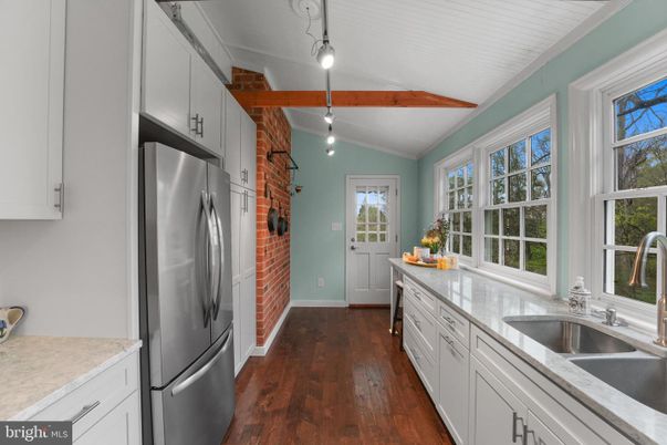 Interior, Kitchen, Pendant Lights, Stainless Steel Appliances, Wooden Beams, Wood Texture Flooring