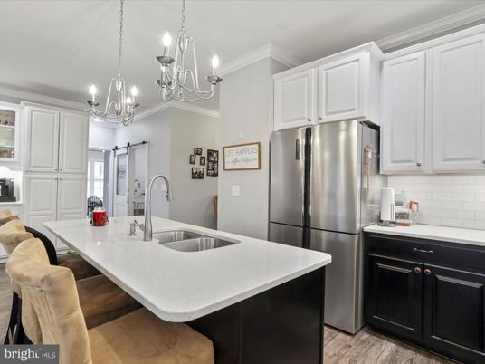 Chandelier, Interior, Kitchen, Stainless Steel Appliances, Wood Texture Flooring