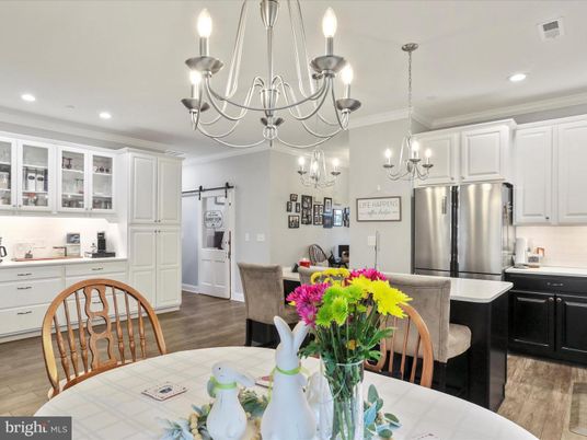 Chandelier, Dining room, Interior, Kitchen, Recessed Lighting, Stainless Steel Appliances, Wood Texture Flooring