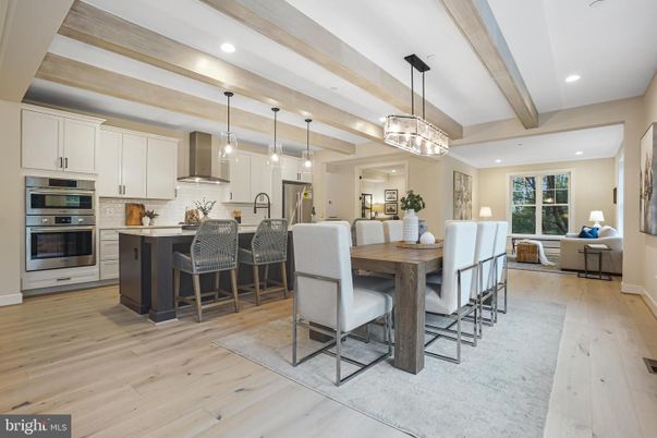 Dining room, Interior, Kitchen, Pendant Lights, Recessed Lighting, Stainless Steel Appliances, Wooden Beams, Wood Texture Flooring