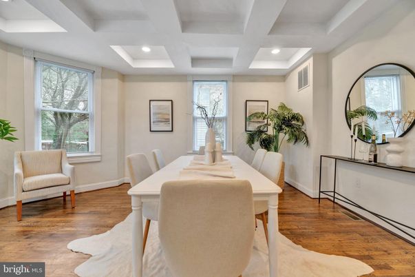 Dining room, Interior, Recessed Lighting, Wood Texture Flooring