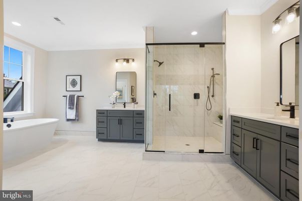 Bathroom, Dual Sink Vanities, Free Standing Baths, Glass Shower, Interior, Marble, Marble Walls, Recessed Lighting