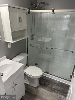 Bathroom, Glass Shower, Interior, Wood Texture Flooring