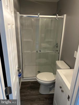 Bathroom, Glass Shower, Interior, Wood Texture Flooring