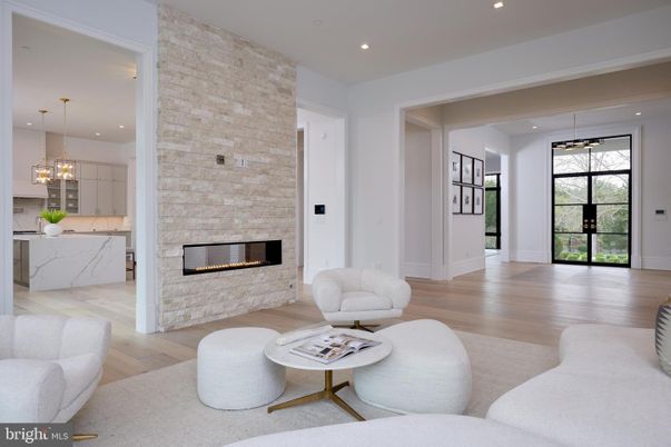 Fireplace, Interior, Kitchen, Living room, Marble Walls, Pendant Lights, Recessed Lighting, Stone Walls, Wood Texture Flooring