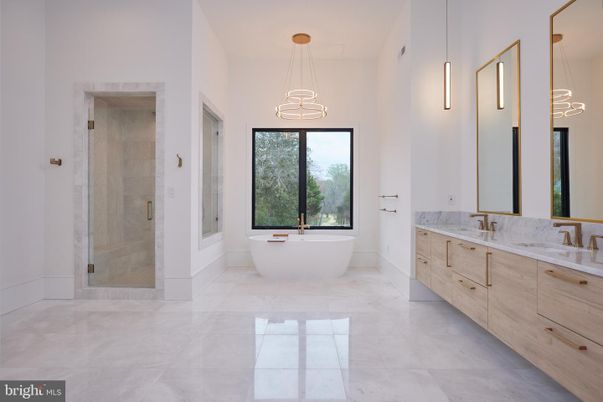 Bathroom, Dual Sink Vanities, Free Standing Baths, Glass Shower, Interior, Pendant Lights