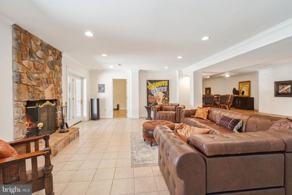Dining room, Fireplace, Interior, Living room, Recessed Lighting, Stone Walls