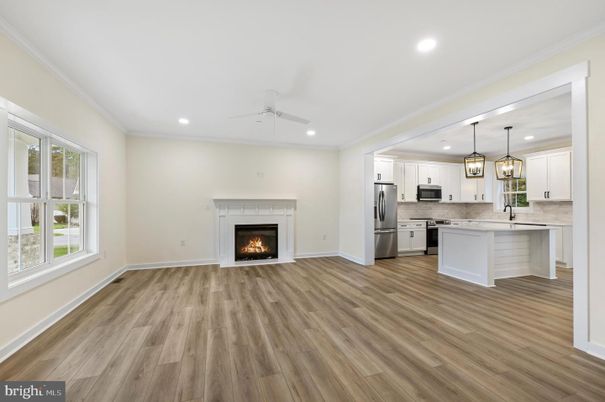 Empty room, Fireplace, Interior, Kitchen, Pendant Lights, Recessed Lighting, Stainless Steel Appliances, Wood Texture Flooring