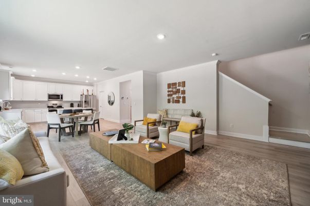Dining room, Interior, Kitchen, Living room, Recessed Lighting, Stainless Steel Appliances, Wood Texture Flooring