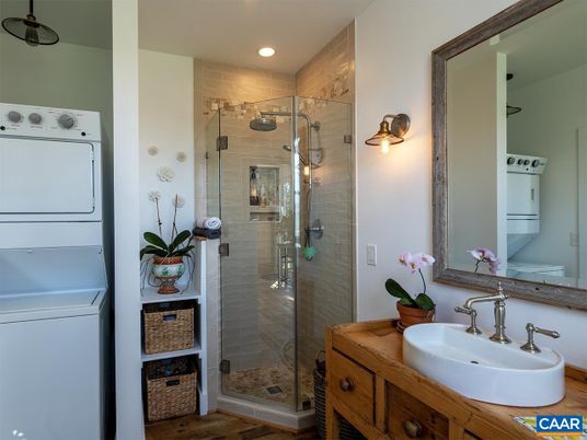 Bathroom, Glass Shower, Interior, Recessed Lighting, Wood Texture Flooring