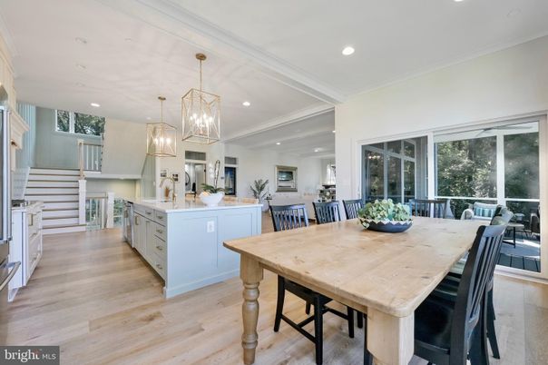 Dining room, Interior, Kitchen, Pendant Lights, Recessed Lighting, Wood Texture Flooring