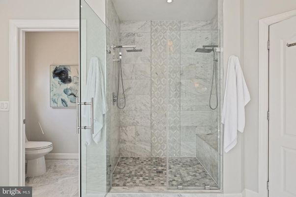 Bathroom, Glass Shower, Interior, Marble, Marble Walls, Recessed Lighting