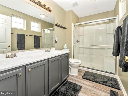 Bathroom, Glass Shower, Interior, Marble, Wood Texture Flooring