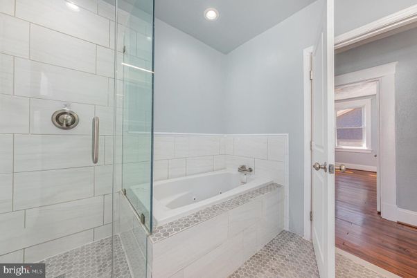 Bathroom, Glass Shower, Interior, Recessed Lighting, Wood Texture Flooring