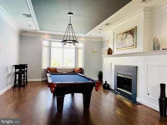 Billiard Table, Fireplace, Game Room, Interior, Pendant Lights, Recessed Lighting, Wood Texture Flooring