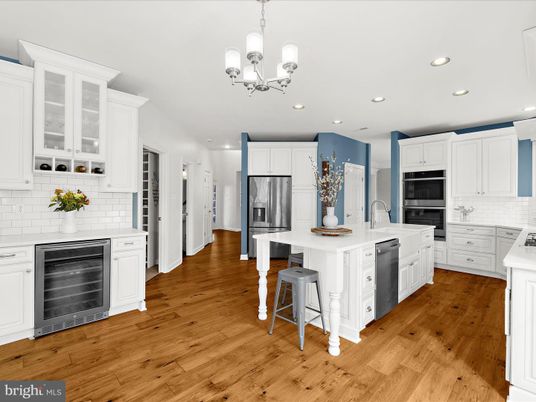 Chandelier, Interior, Kitchen, Recessed Lighting, Stainless Steel Appliances, Wood Texture Flooring