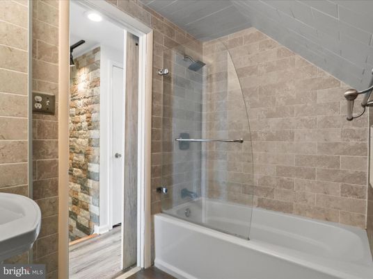 Bathroom, Glass Shower, Interior, Recessed Lighting, Stone Walls
