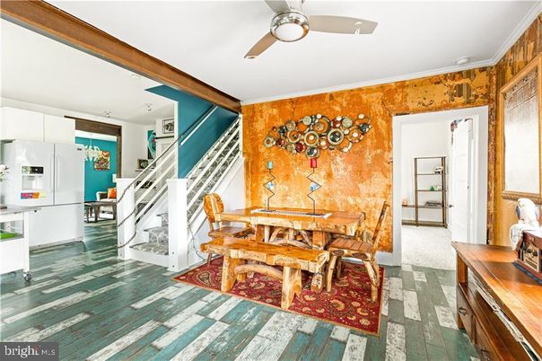 Dining room, Interior, Pendant Lights, Wood Texture Flooring