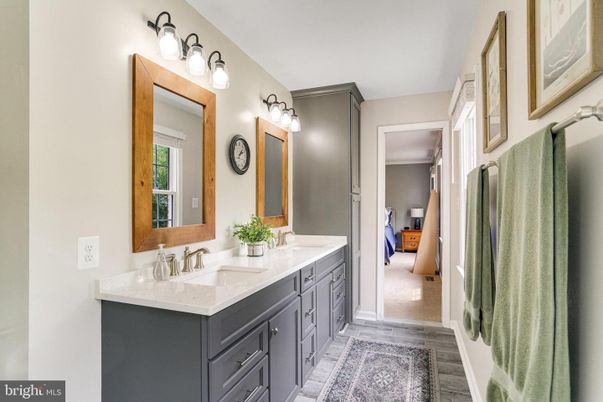 Bathroom, Dual Sink Vanities, Interior, Wood Texture Flooring