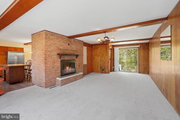 Chandelier, Empty room, Fireplace, Interior, Kitchen, Stone Walls, Wooden Beams, Wooden Walls