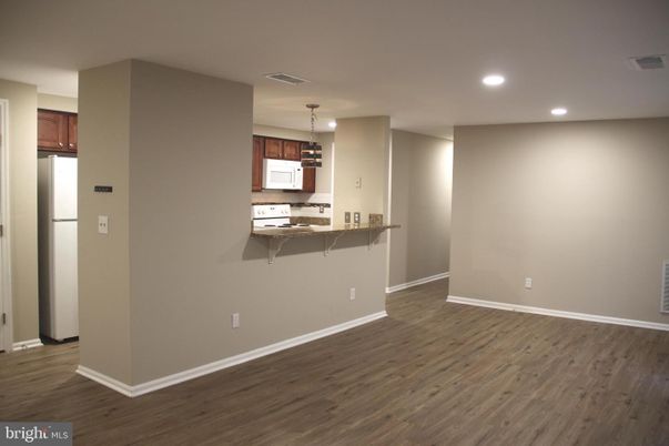 Empty room, Interior, Kitchen, Pendant Lights, Recessed Lighting, Wood Texture Flooring