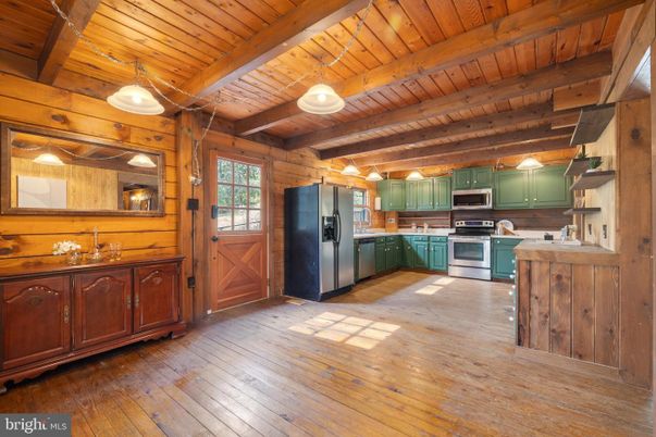 Interior, Kitchen, Pendant Lights, Stainless Steel Appliances, Wooden Beams, Wooden Ceilings, Wood Texture Flooring, Wooden Walls