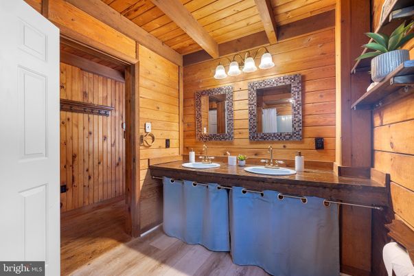 Bathroom, Dual Sink Vanities, Interior, Wooden Beams, Wooden Ceilings, Wood Texture Flooring, Wooden Walls