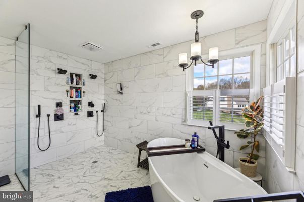 Bathroom, Glass Shower, Interior, Marble, Marble Walls, Pendant Lights