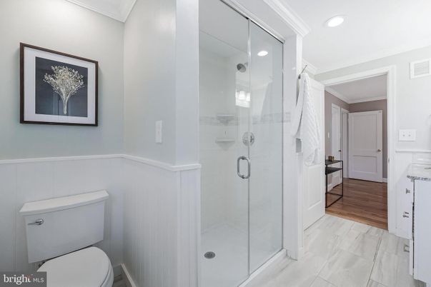Bathroom, Glass Shower, Interior, Marble, Recessed Lighting, Wood Texture Flooring