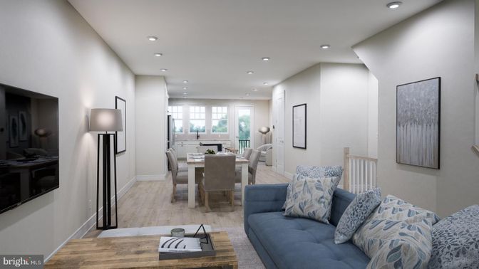 Dining room, Interior, Living room, Recessed Lighting, Wood Texture Flooring