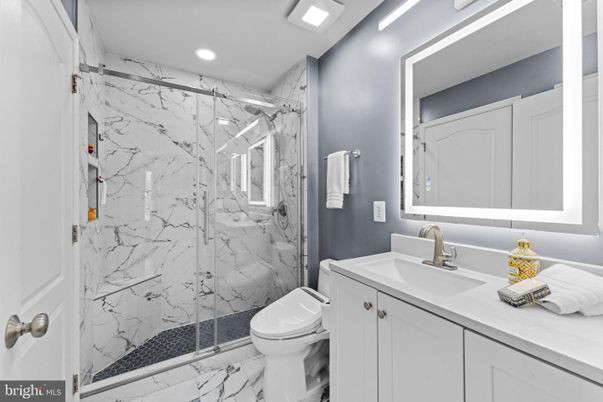 Bathroom, Glass Shower, Interior, Marble, Marble Walls, Recessed Lighting