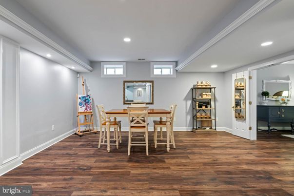 Dining room, Interior, Recessed Lighting, Wood Texture Flooring