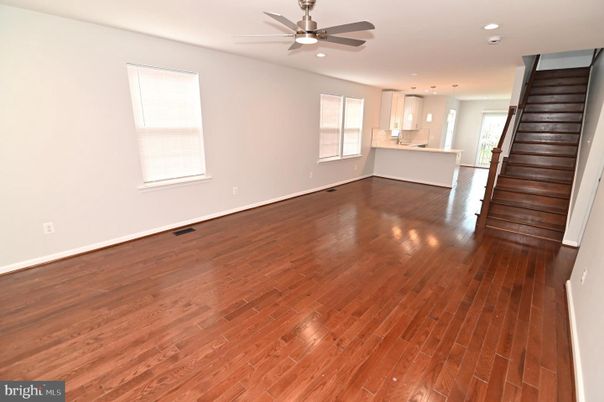 Empty room, Interior, Kitchen, Pendant Lights, Recessed Lighting, Wood Texture Flooring