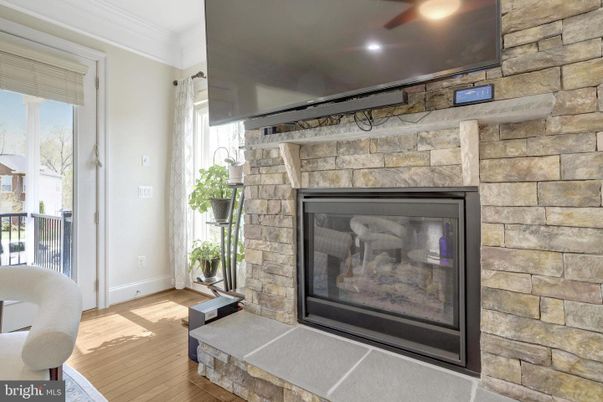 Fireplace, Interior, Recessed Lighting, Stone Walls, Wood Texture Flooring