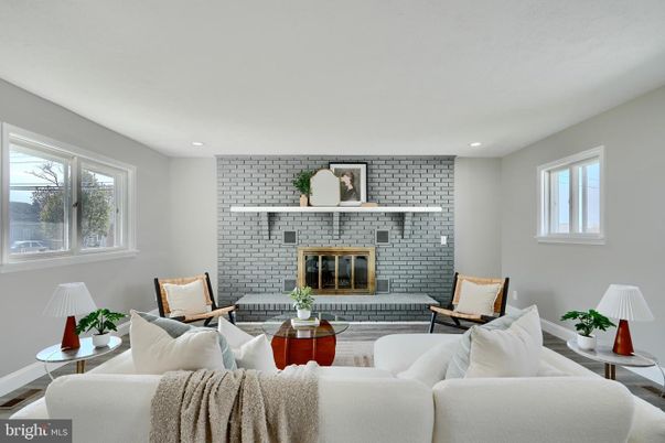 Fireplace, Interior, Living room, Recessed Lighting, Stone Walls