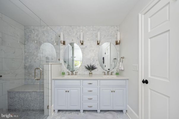 Bathroom, Dual Sink Vanities, Glass Shower, Interior, Marble Walls