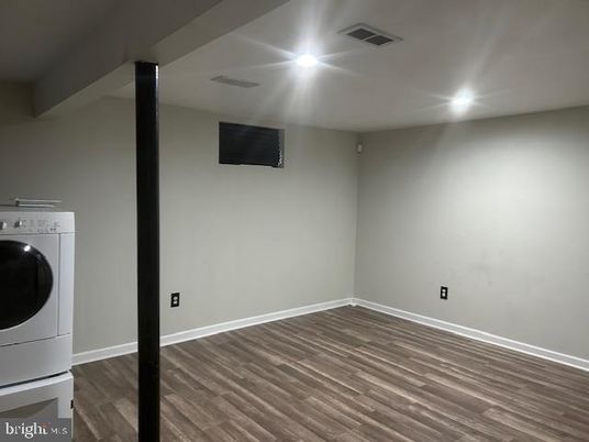 Empty room, Interior, Recessed Lighting, Utility Closets, Washer, Wood Texture Flooring
