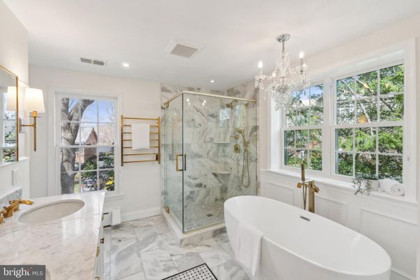 Bathroom, Chandelier, Free Standing Baths, Glass Shower, Interior, Marble, Marble Walls, Recessed Lighting
