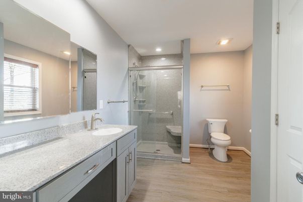 Bathroom, Dual Sink Vanities, Glass Shower, Interior, Recessed Lighting, Wood Texture Flooring