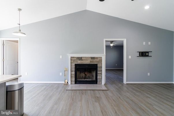 Empty room, Fireplace, Interior, Pendant Lights, Recessed Lighting, Wood Texture Flooring