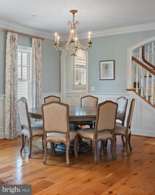Chandelier, Dining room, Interior, Wood Texture Flooring
