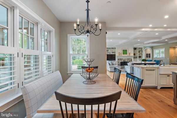 Chandelier, Dining room, Fireplace, Interior, Living room, Recessed Lighting, Wood Texture Flooring