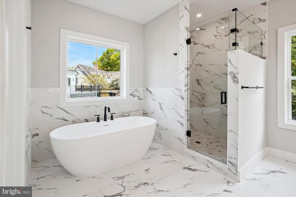 Bathroom, Free Standing Baths, Glass Shower, Interior, Marble, Marble Walls, Recessed Lighting