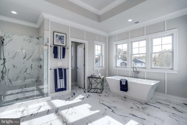 Bathroom, Free Standing Baths, Glass Shower, Interior, Marble, Marble Walls, Recessed Lighting