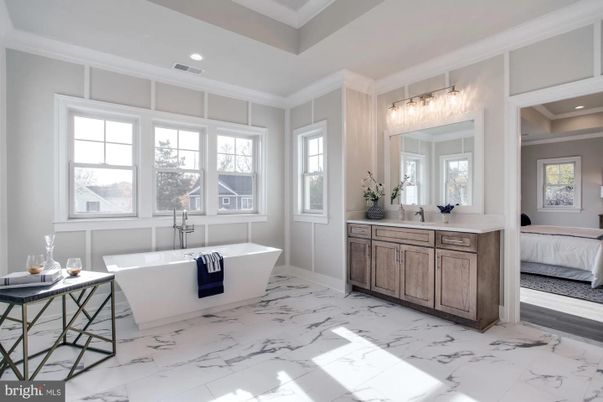 Bathroom, Bedroom, Dual Sink Vanities, Free Standing Baths, Interior, Marble, Recessed Lighting