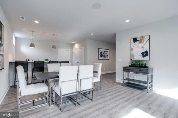 Dining room, Interior, Pendant Lights, Recessed Lighting, Wood Texture Flooring